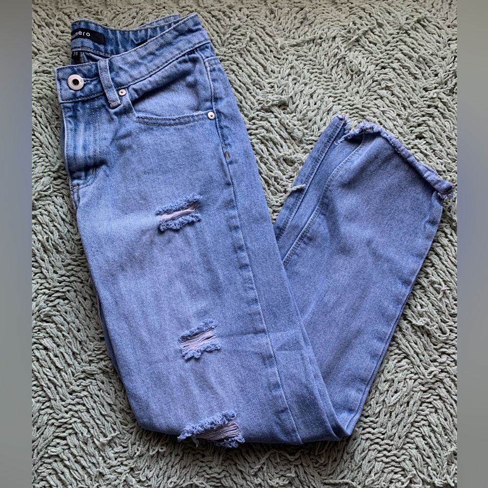 Ripped mid rise jeans, size 24 dark wash